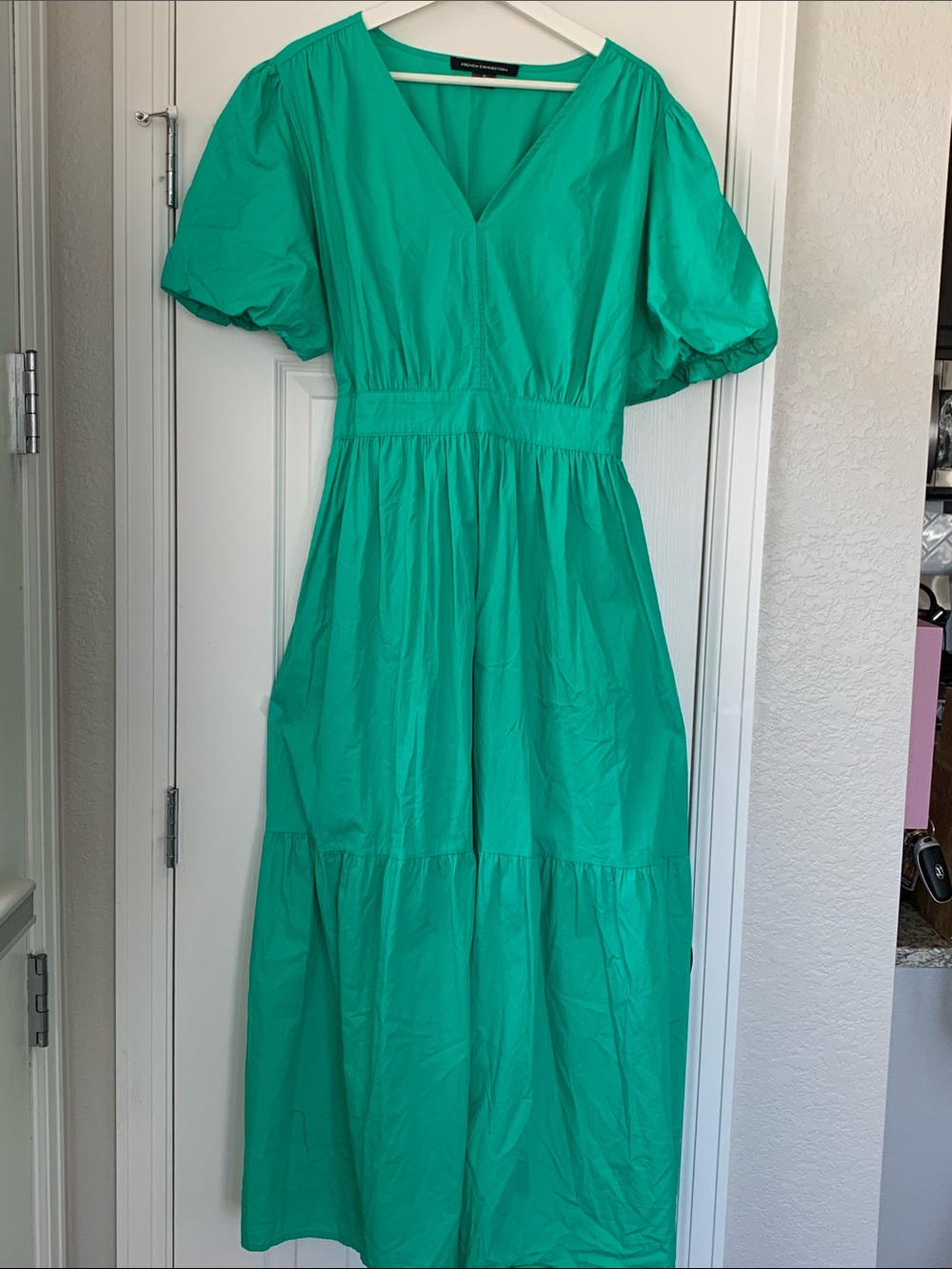 French Connection Teal Puff Sleeve Tiered Maxi Dress
